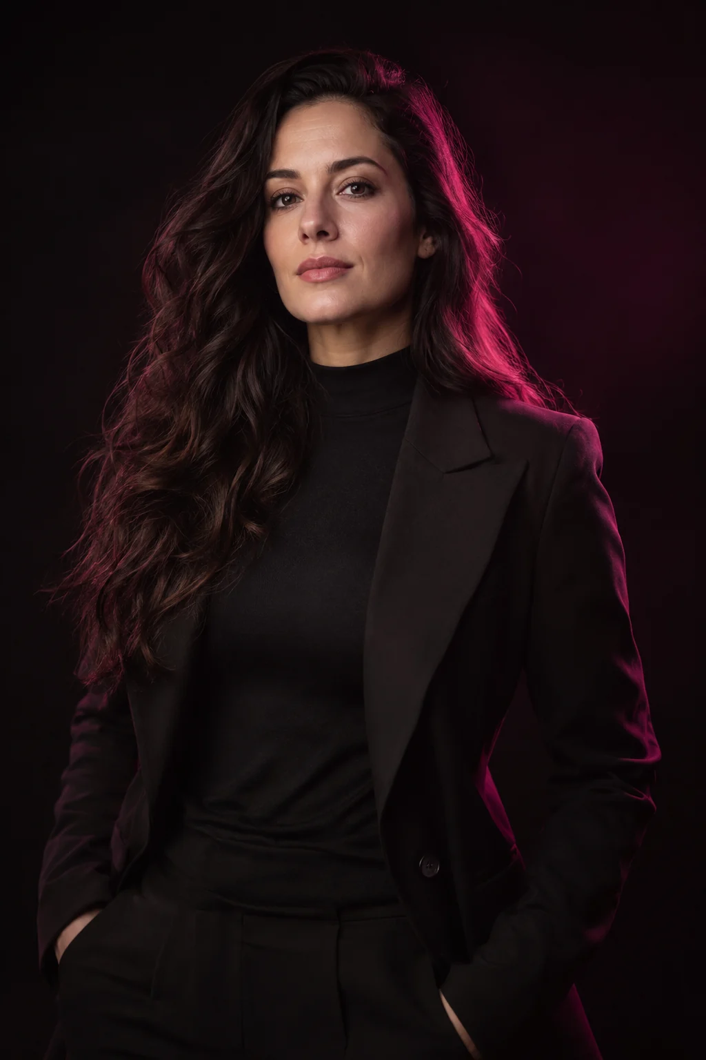 Fictional adult character in a fully clothed editorial studio portrait